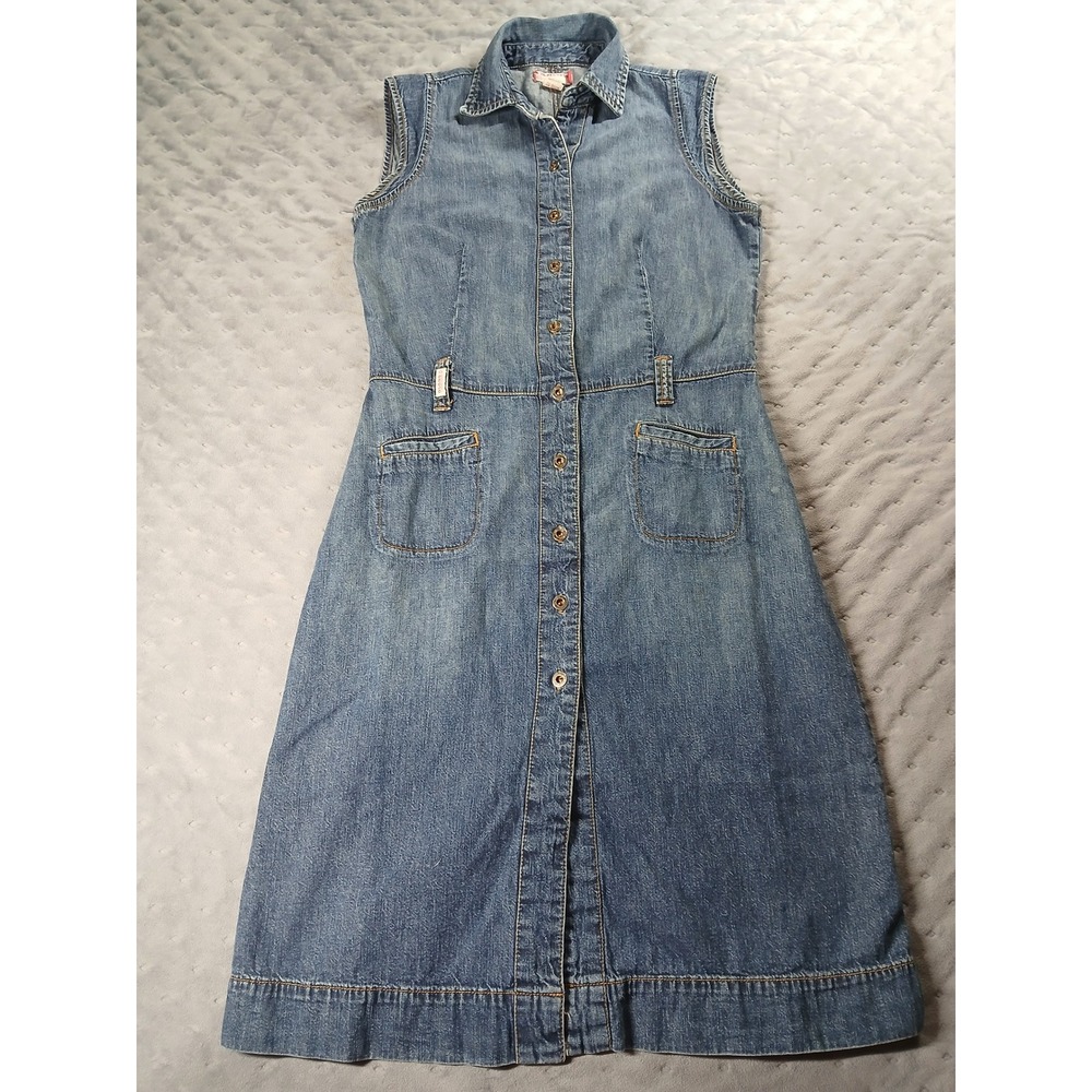 Vintage GUESS Denim Midi Shirt Dress Sleeveless Y2K 90s Boho Utility Blue Large